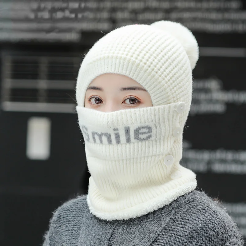 

Winter Letter Button One-piece Hat Korean Version of Wool Jacquard Warm and Windproof Women's Knitted Hat Factory Direct Supply