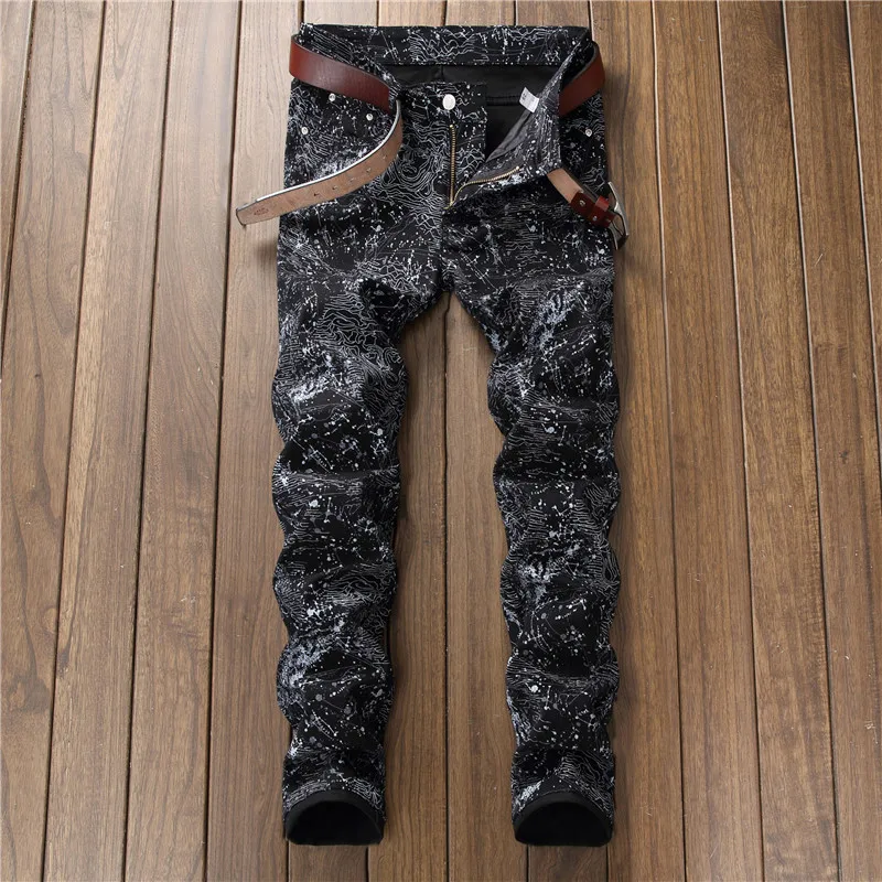 

Newly Fashion Streetwear Mens Jeans Black Color Casual Punk Pants Printed Jeans Men Slim Fit Elastic Hip Hop Jeans Stretch