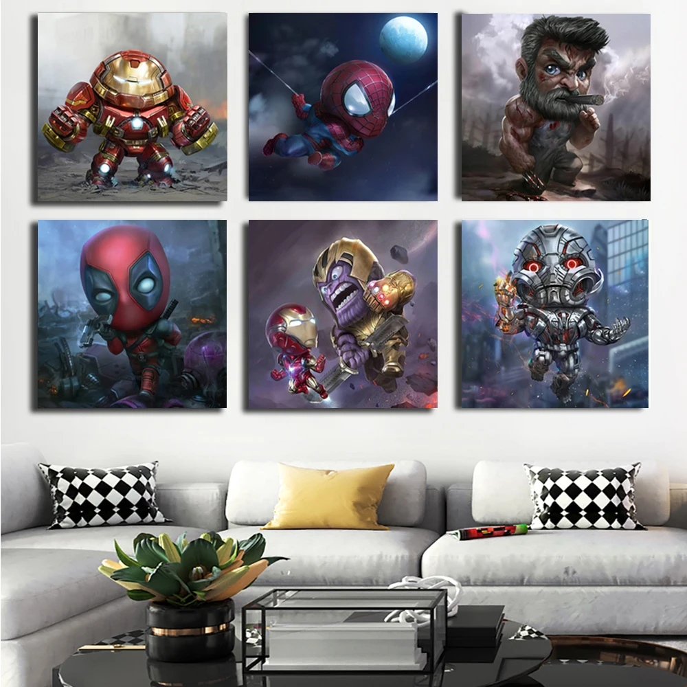 

Avengers Marvel Cartoon Spiderman Iron Man Poster Canvas Print Painting Wall Art Picture for Children's Room Bedroom Decoration