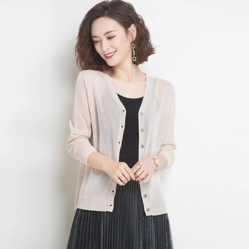 

Women 2021 Summer Fashion Ice Silk Knitted Cardigan Coats Female Long Sleeves Shawls Ladies Thin Loose Sunscreen Shirts W138