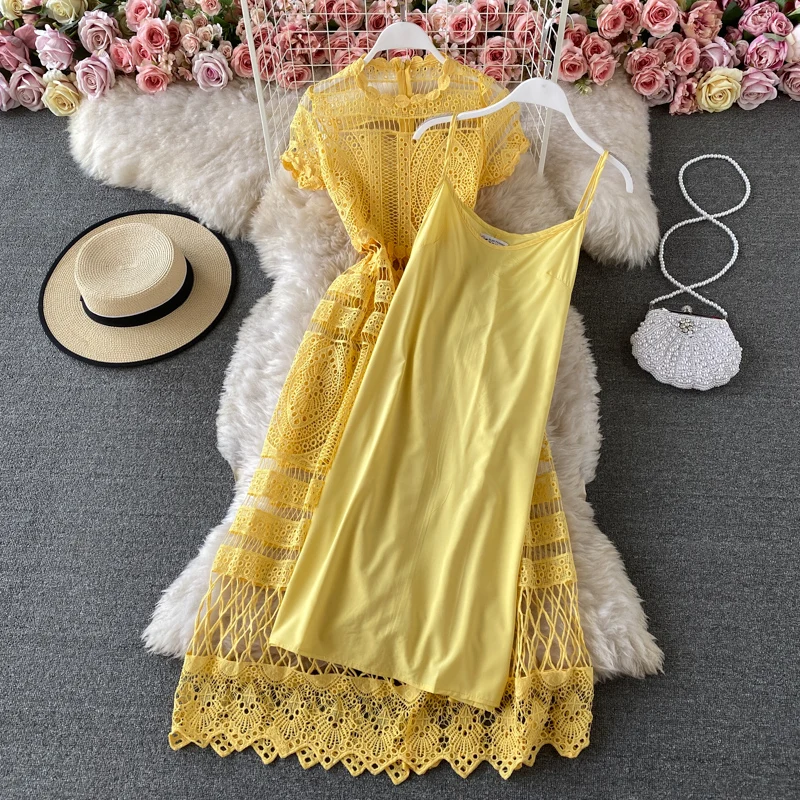 JSXDHK 2021 летнее подиумное желтое кружевное платье элегантное корейское женское