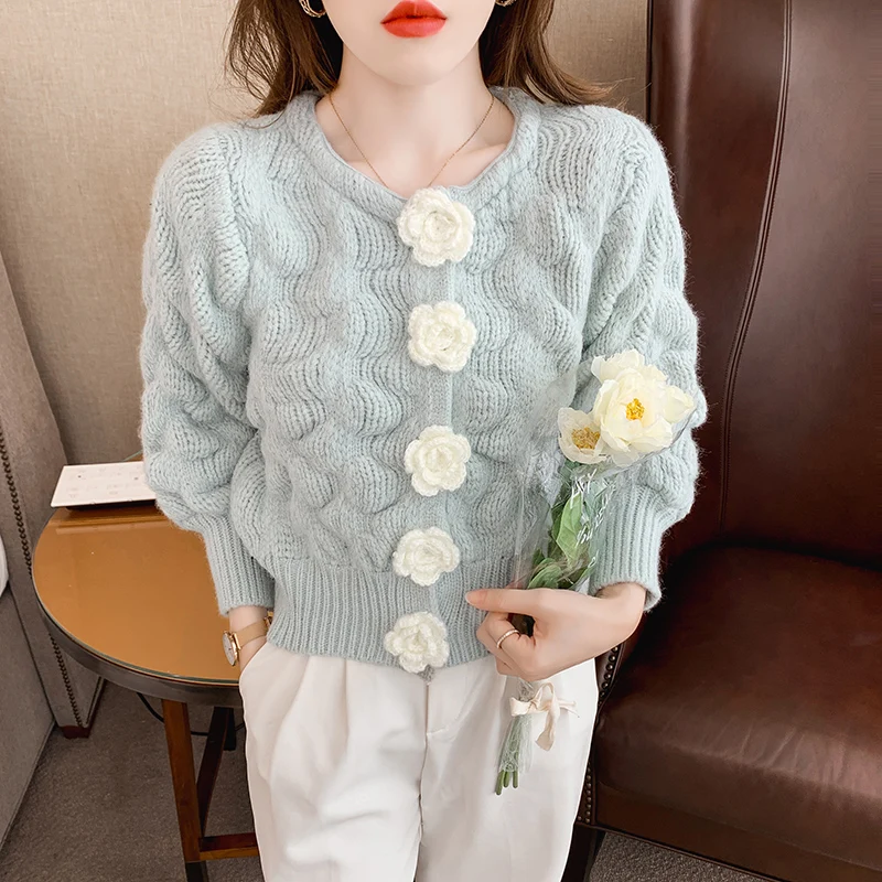 

Женский укороченный свитер, синий вязаный кардиган с длинным рукавом и объемными цветами, верхняя одежда в Корейском стиле, Осень-зима 2021