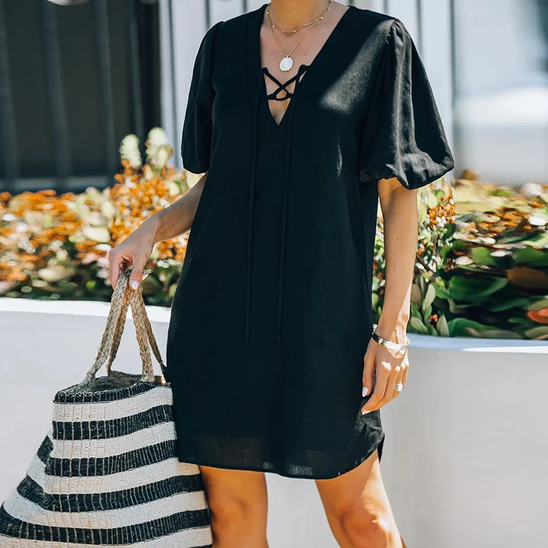 

2021 Ladies Elegant Lace V-neck Party Dress Summer Casual Short Sleeve Loose Mini Dress