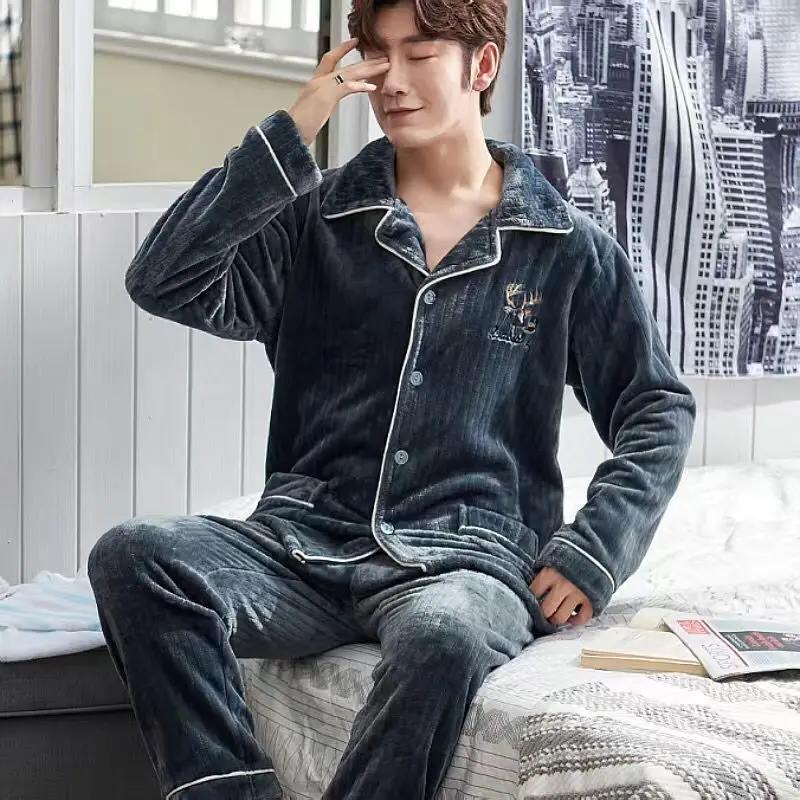 2 Pieces Winter Man Thicken Warm Soft Pajamas Female Flannel Pajamas Set Mujer Long Sleeve Sleepwear for Man Male Pyjamas