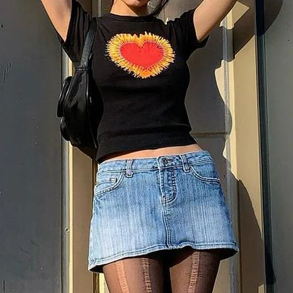 

Harajuku Cartoon Print Women Tops White Short Sleeves High Streetwear T shirts Femme Summer Vintage Korean Love Printed Clothes