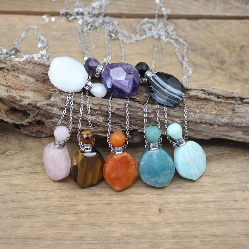 Faceted Rose Quartzs Essential Oil Vial Pendant Necklace Tiger eye Amethysts Agates Amazonite Jades Perfume Bottle Charms QC1058