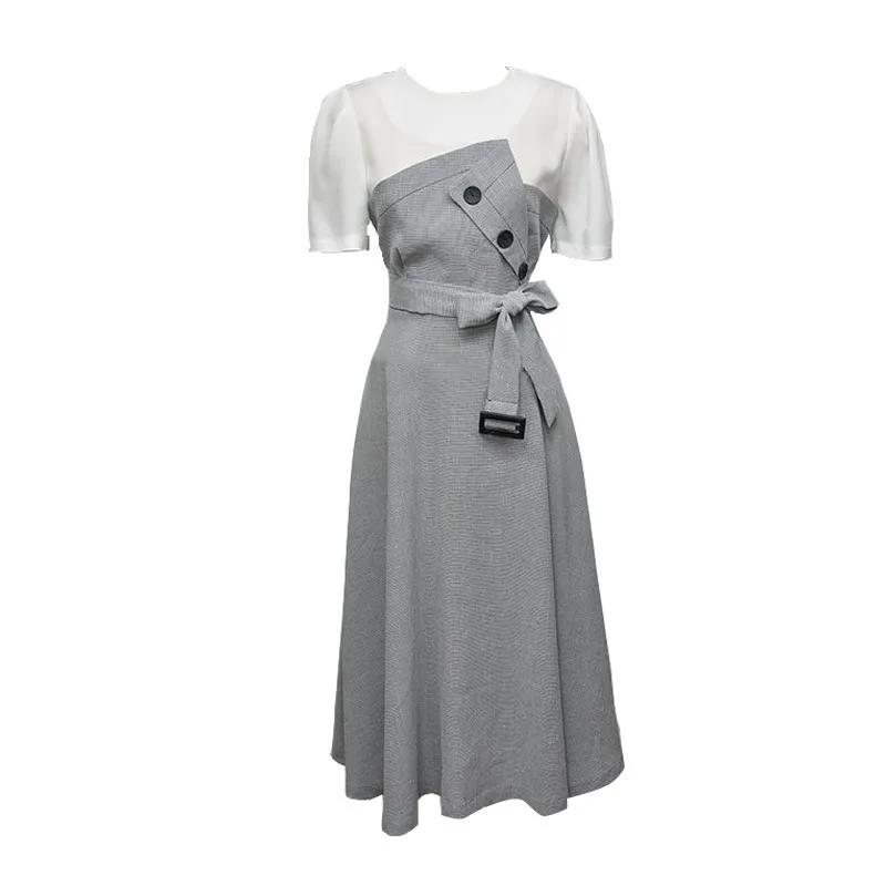 

Foamlina Vintage Women Dress Fashion O Neck Short Sleeve Summer Dress Bowtie Sashes Patchwork Casual Work Party Midi Dress