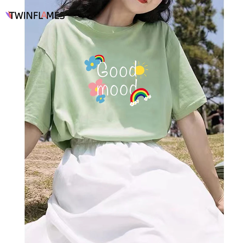 

TWINFLAMES Oversized Soft Cotton Tees Good Mood Rainbow Women's T-shirt Summer New Printed Fashion Woman Tops Fairycore Clothing