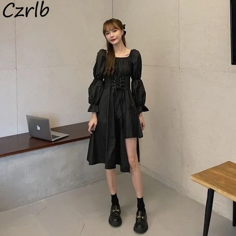 

French Dresses Women Tender Dating Knee-length Long Sleeve Clothing Koeran Style Students Tender New Autumn Femme Square Collar