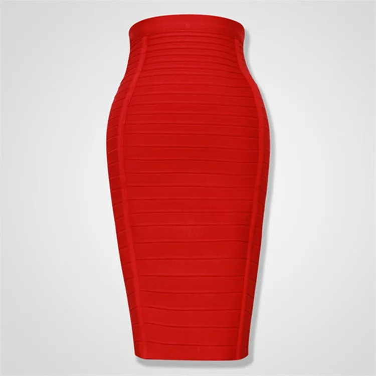 

High Quality Black Red Blue Orange Zipper Bodycon Rayon Bandage Skirt Day Party Pencil Skirt