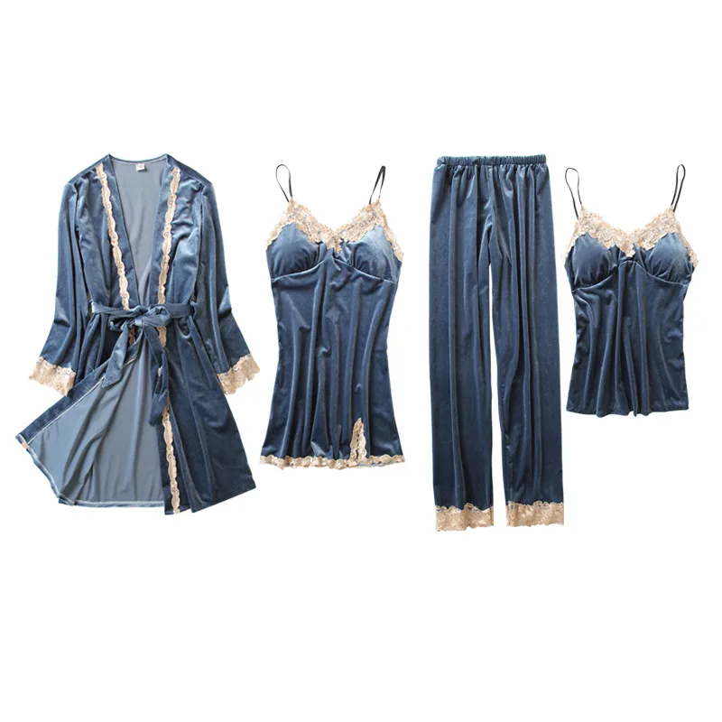 Женский бархатный теплый пижамный комплект из 4 предметов Женская Сексуальная