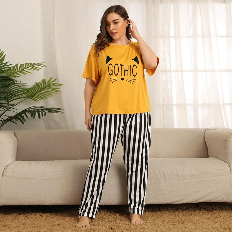 

Women's Home Clothes Pajamas Two Piece Set Cute Letter Cat Homewear Plus Size Sleep Full Length Pajamas 2021 New Arrivals
