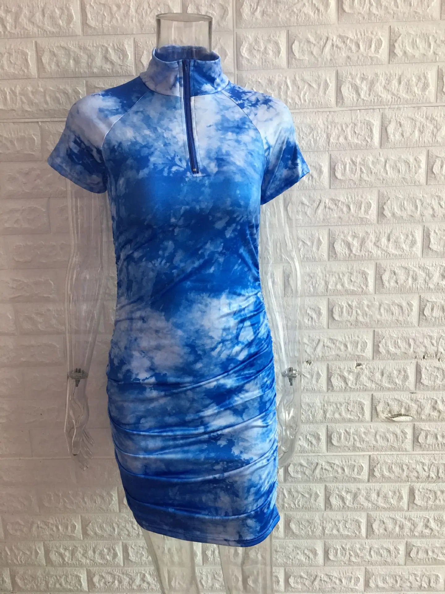 

2020 Women Summer New Fashion Streetwear Tie-Dye Print Dress Half-Collar Zipper Sexy Party Club Mini Hip Dresses Bodycon Vestido
