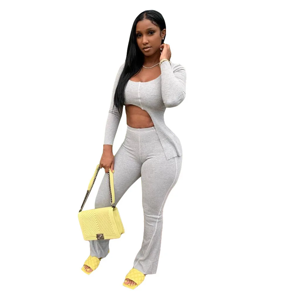 

Women Two Piece Outfits Skinny Long Sleeve Asymmetry Tops Bell Bottom Trousers Solid Tracksuit Fitness Fashion Casual Streetwear