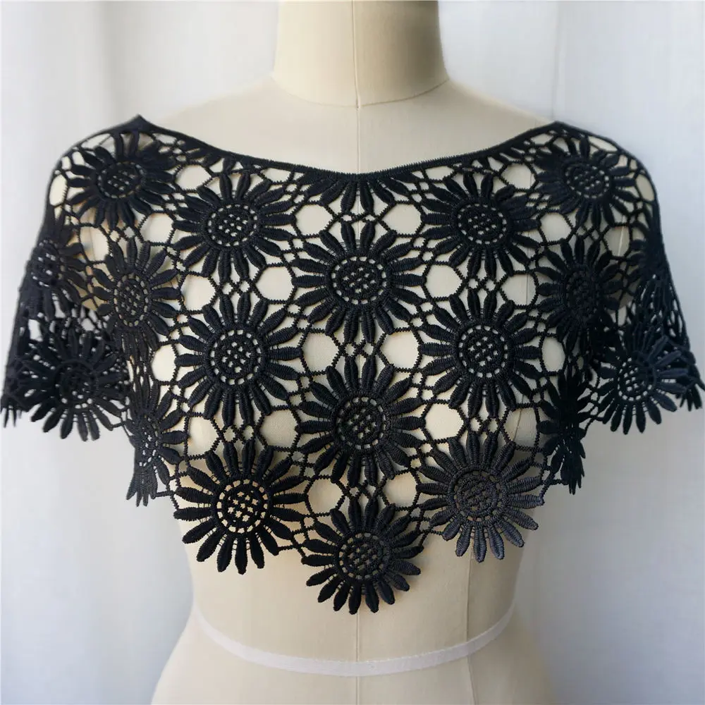 Черная ткань воротник вышитый цветок полые аппликации пришить патч для платья