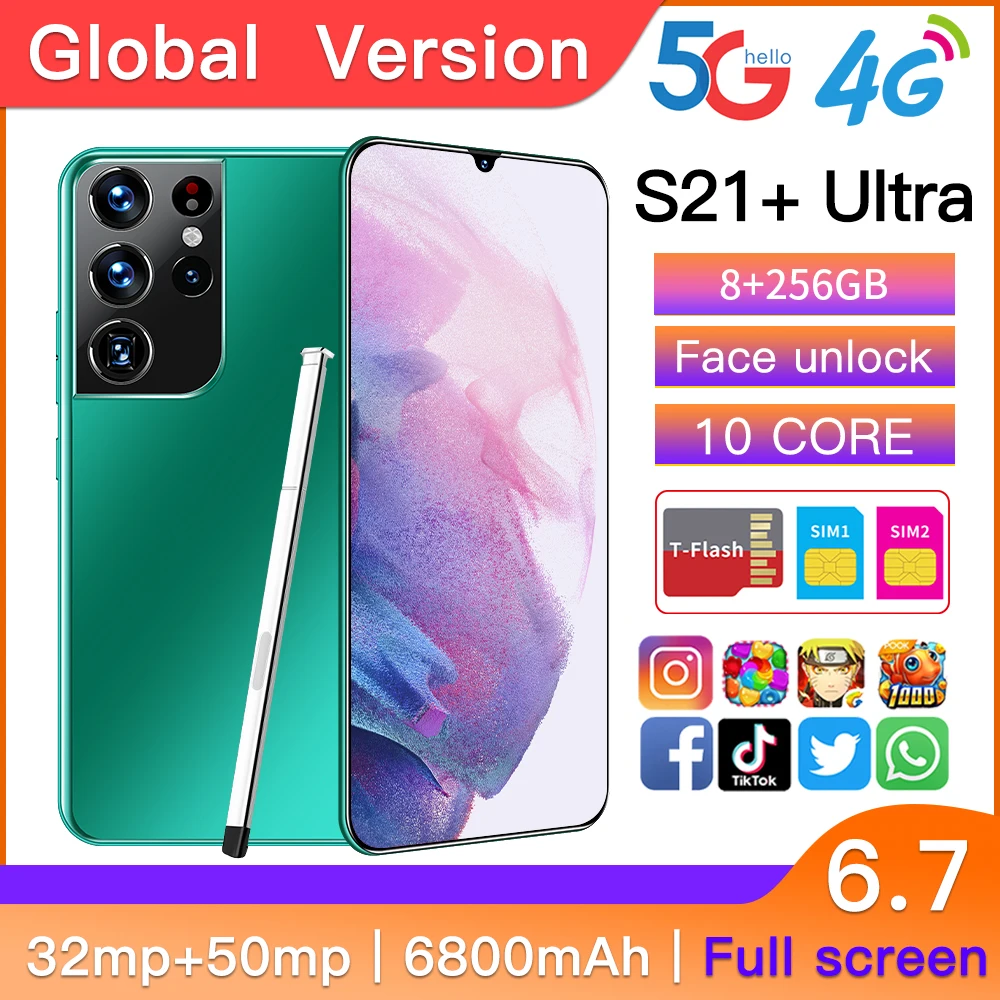 

S21+Ultra 6.7 Inch 6800mAh 128GB/256GB Dual SIM+Micro SD 5G Andriod Smart Phone Global Face Fingerprint ID Stylus Mobile Phone