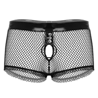 men hollow out fishnet o ring boxer shorts patent leather exotic apparel waistband underwear see through patchwork underpants