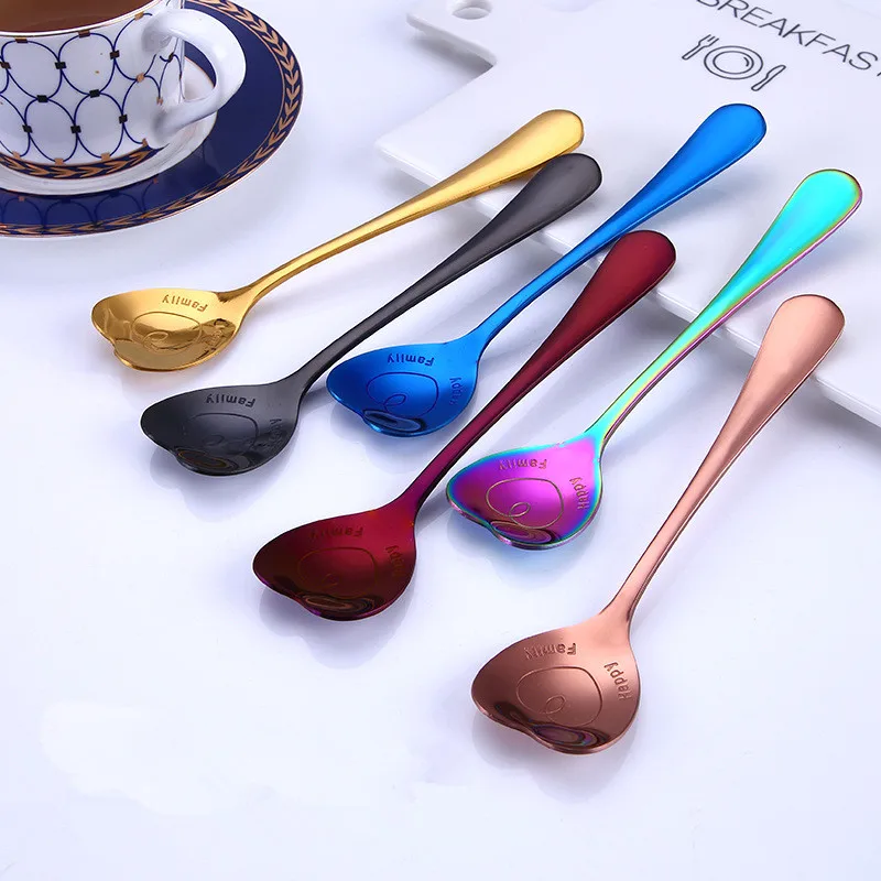 Cute 304 Stainless Steel Heart Spoons Tea Coffee Ice Cream Fruit Dessert Spoon Gold Black Teaspoon Tableware Wedding Decoration