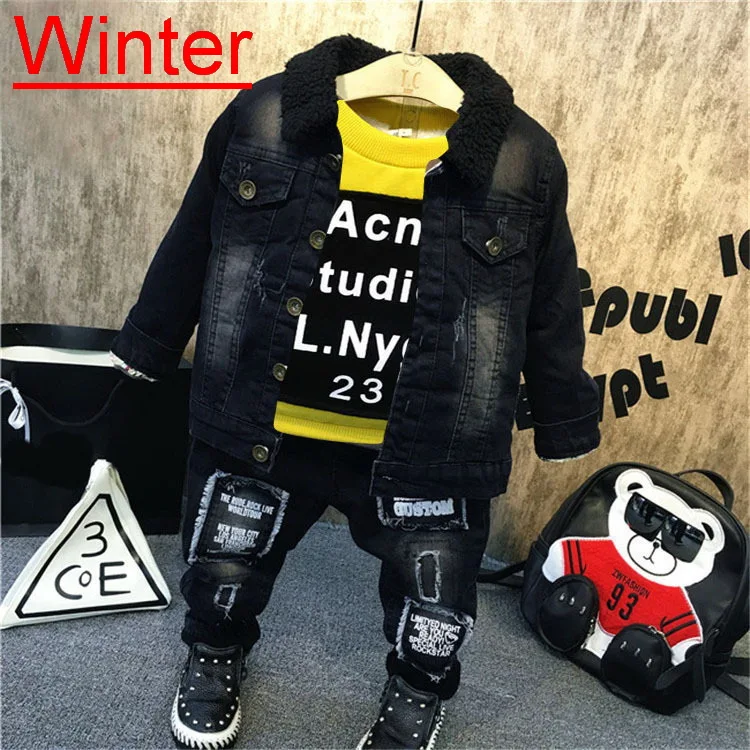 

Kids Clothing Sets Warm Winter Baby Boys Plush Denim Jacket + Sweater + Jeans 3pcs Outfit Children Suits 2-6Years