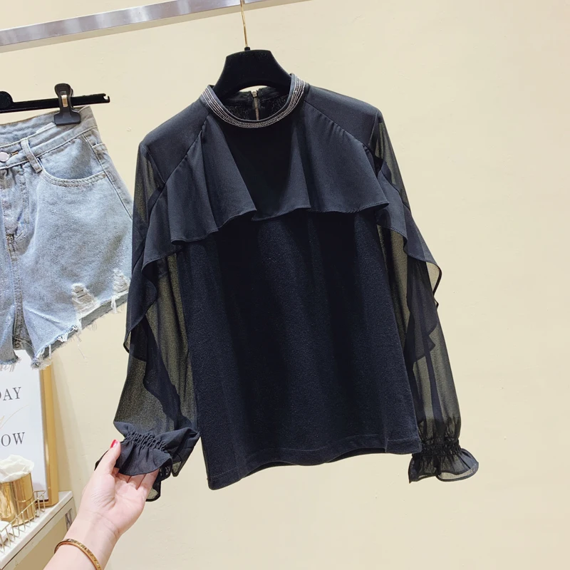 

Женская шифоновая блузка с оборками, сетчатая блузка с рукавами-бабочками и воротником-стойкой, приталенные корейские и японские топы, GX1431, ...