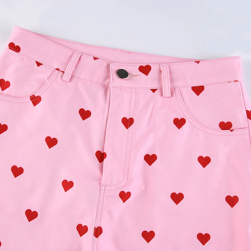 

Women Sweet Cute Heart Print Pink 90s Pants High Waist Long Trousers Ladies Fashion Skinny Pocket Sweatpants