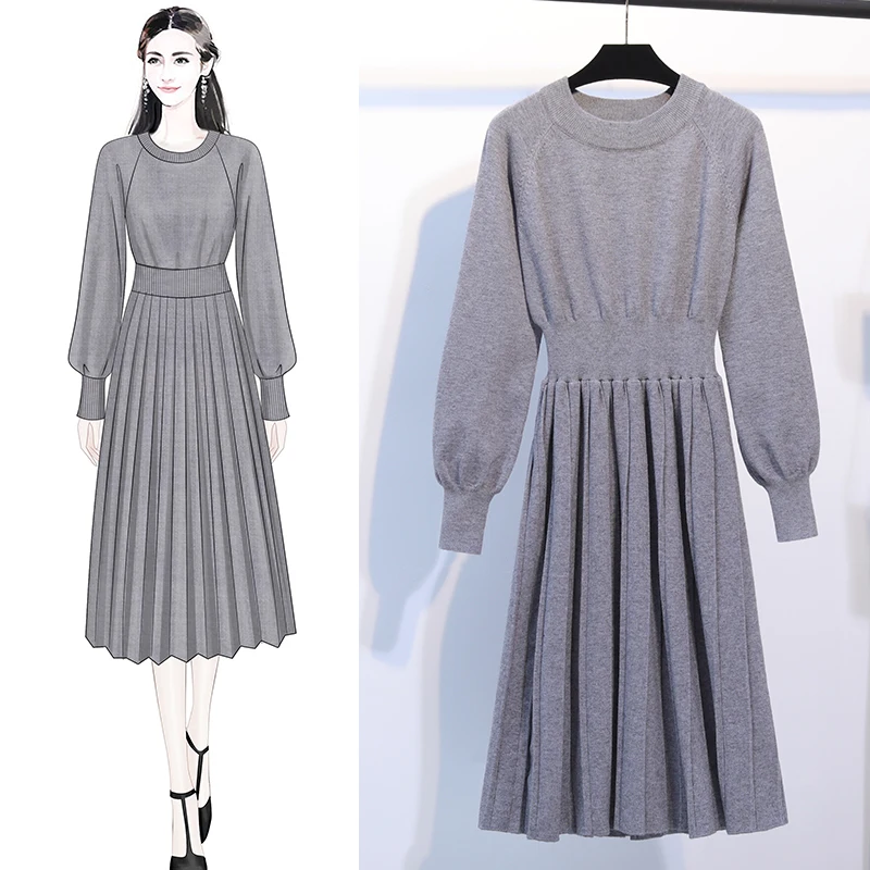 Элегантное плиссированное платье свитер А силуэта Женское зимнее однотонное с