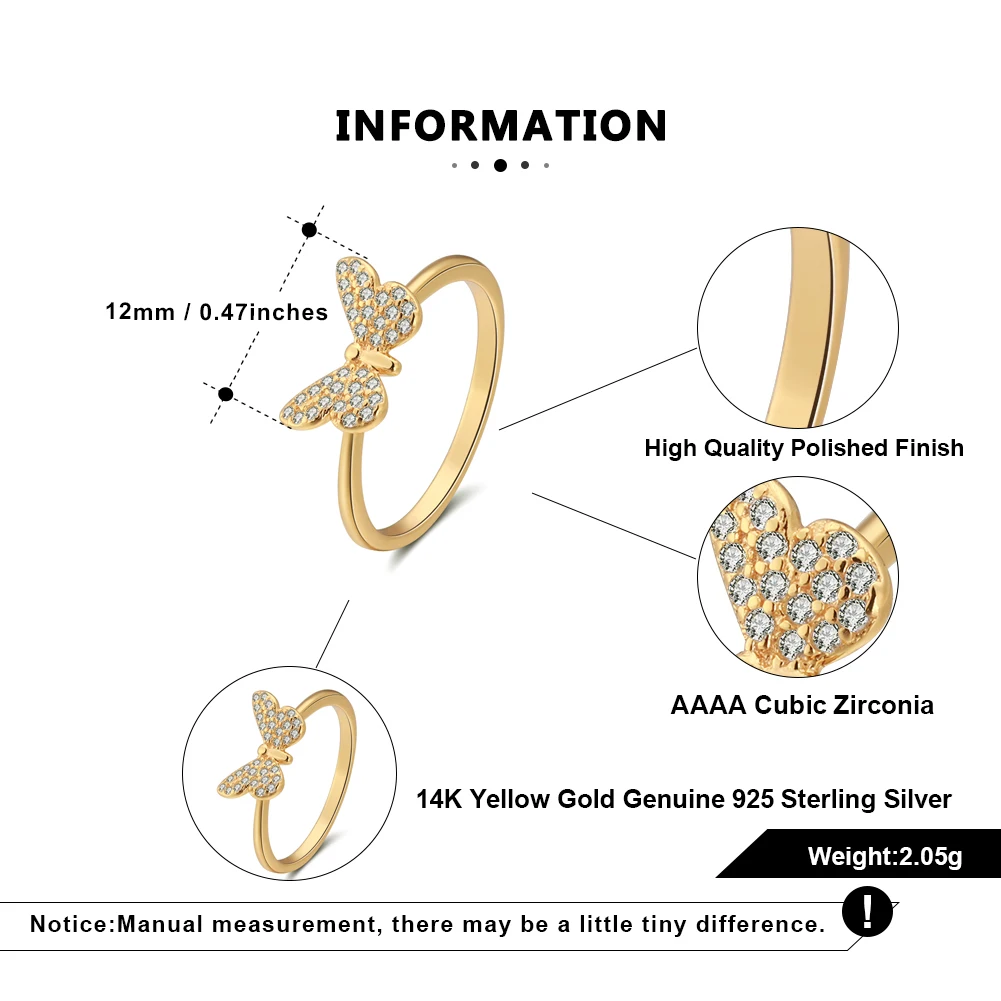 Rinntin изящные кольца из стерлингового серебра 925 пробы с бабочкой для женщин и