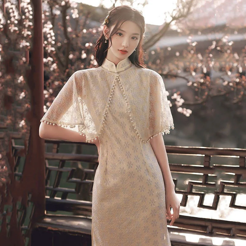 

Plus Size Elegant Sweet Shawl+Qipao Two-piece Slim Womem Chinese Dress Vintage Cheongsam Traditional Oriental Classical Beauty