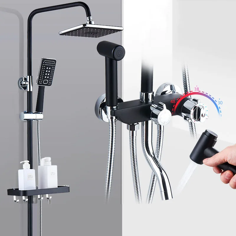 Черный набор для душа ванной комнаты латунный хромированный настенный смеситель