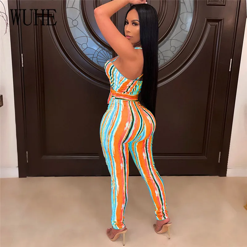 

YEYA Sexy Striped Print 2 Piece Suits Spaghetti Strap Sleeveless Lace Up Top and Skinny Pencil Pants Package Hip Casual Party