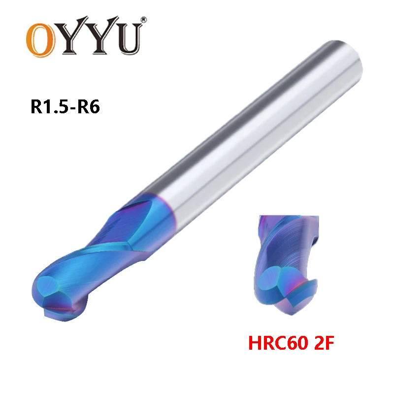 

Oyu синий нанометр Вольфрамовая сталь Расширенный шаровой нос Фрезы HRC60 2 Флейта с покрытием концевые фрезы 75 100 150 л фреза R1.5