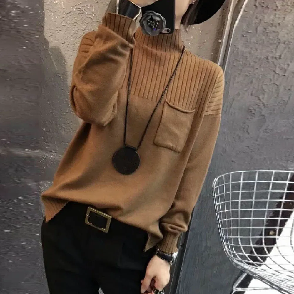 

Женский Повседневный модный вязаный свитер, коричневый Однотонный пуловер с длинным рукавом и воротником-стойкой в стиле пэчворк, свободны...