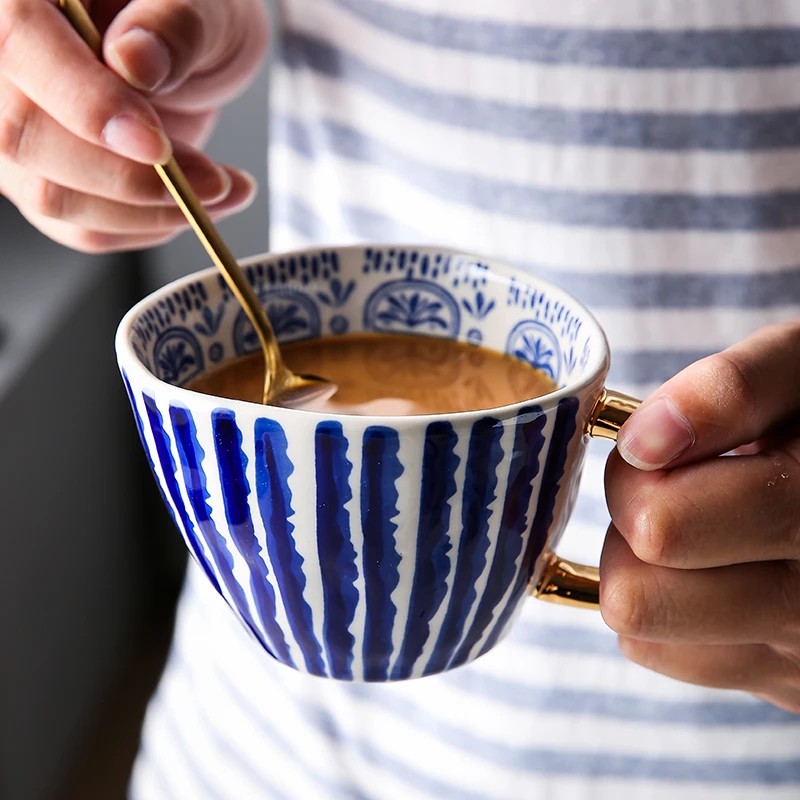 Креативная керамическая чашка ручной росписи чашки для чая кофе с золотой ручкой