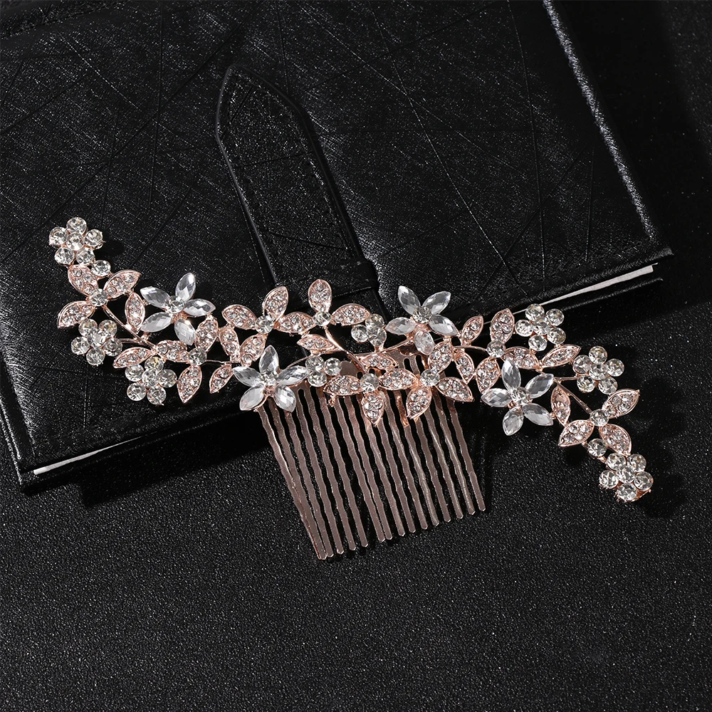 Женский свадебный золотой гребень для волос с розовыми кристаллами блестящий