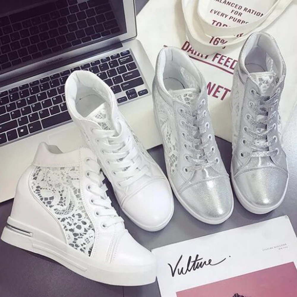 

New Casual Shoes Female Hollow Out Breathable Small White Shoes Female Inside Increase Slope With Women's Singles Shoes hy660