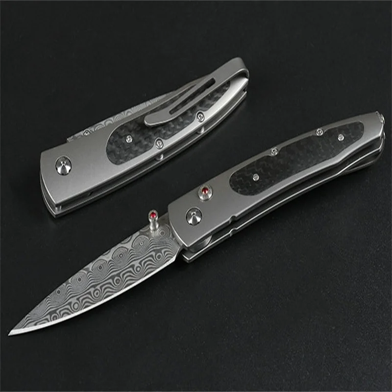 

Folding Damascus Blade M390 Portable Knife With Titanium Alloy Carbon Fiber + TC4 Handle Outdoor Survival Hunting Camping Tool