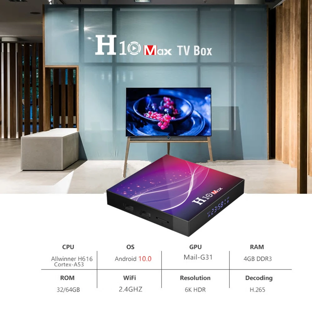 ТВ приставка Docooler H10 Max Android 10 0 H616 четыре ядра Wi Fi 6K HDR 4K телеприставка 4 Гб ОЗУ 32 ГБ/64
