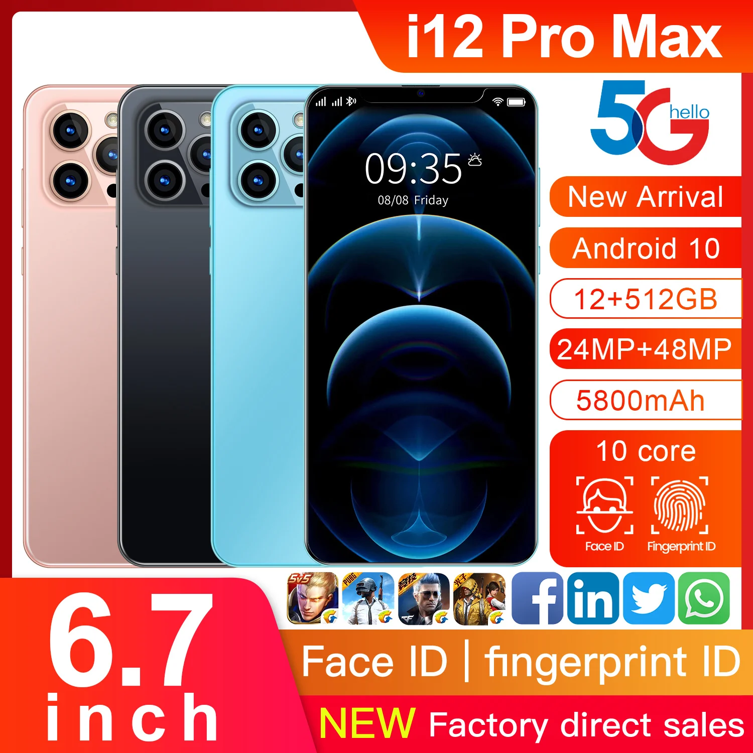 

Mobile Phone I12 Pro Max 5G Muti-language Android 10 5800mAh Smartphone Global Version 12G 512G 6.7 '' Phone 48MP Waterdrop HD