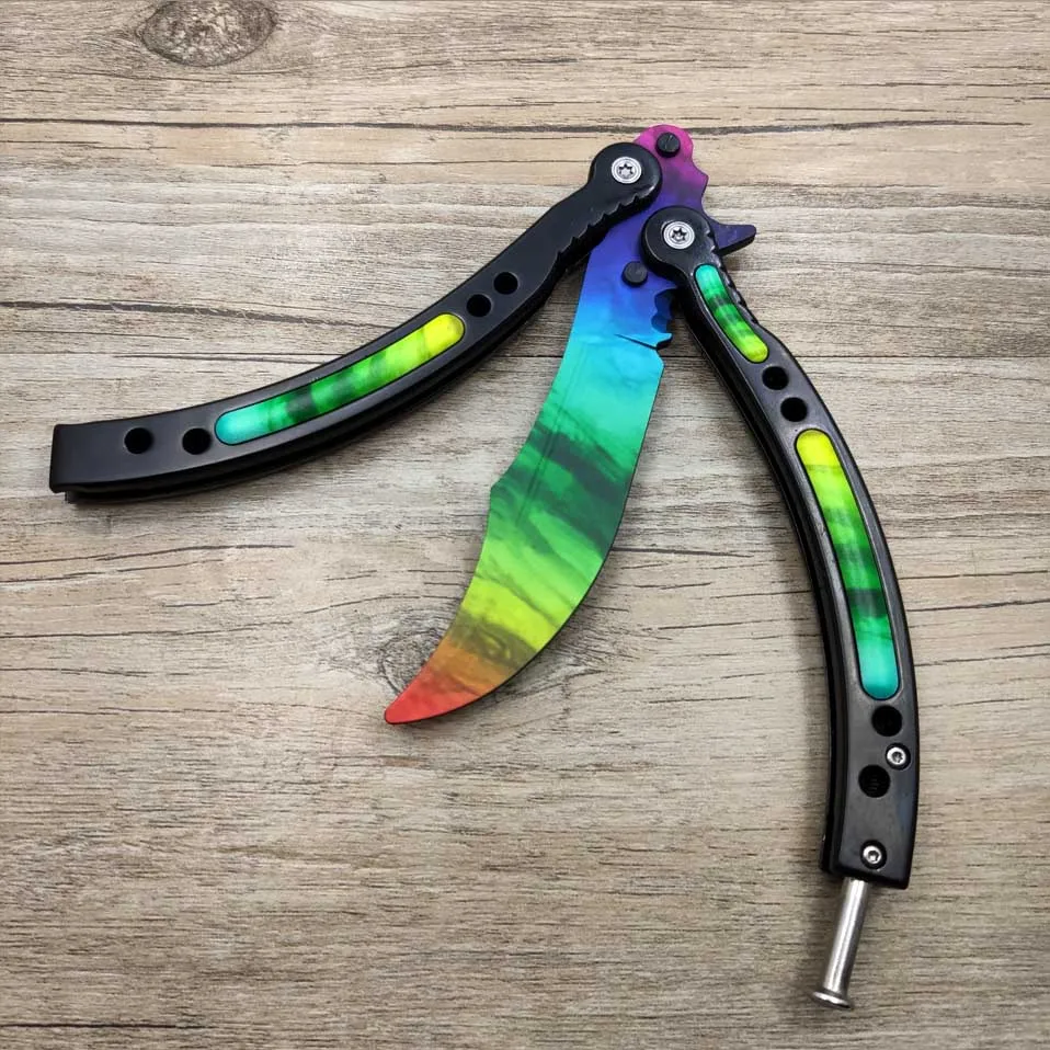 Rainbow Дропшиппинг CS GO бабочка в ноже Karambit нож бабочка складной тренировочный нож игровой нож тупое лезвие без края инструмент - Цвет: Rainbow