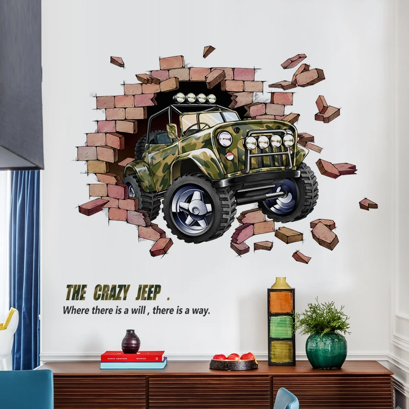 

Creative 3D Off-road Vehicle Wall Stickers Broken Wall Poster Art Car Decal Kids Room Decor Boys Favor