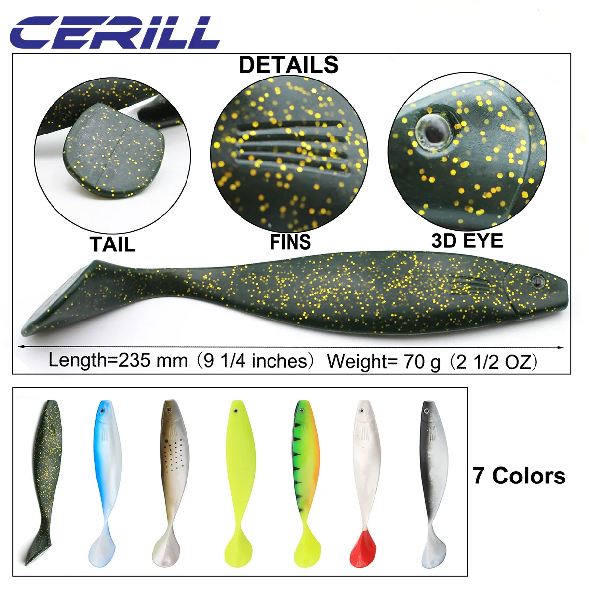 Cerill 1 PC 235mm 70g Soft Fishing Lure Vivid T Tailed Silicone Fishing Bait Swimming Paddle Tail Pike Bass Saltwater Swimbait