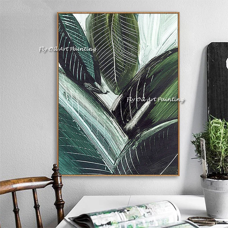 

Big Size Handmade Oil Painting Large Size Canvas Green Leaf Flower Decoration Modern Wall Art for corridor Decorate