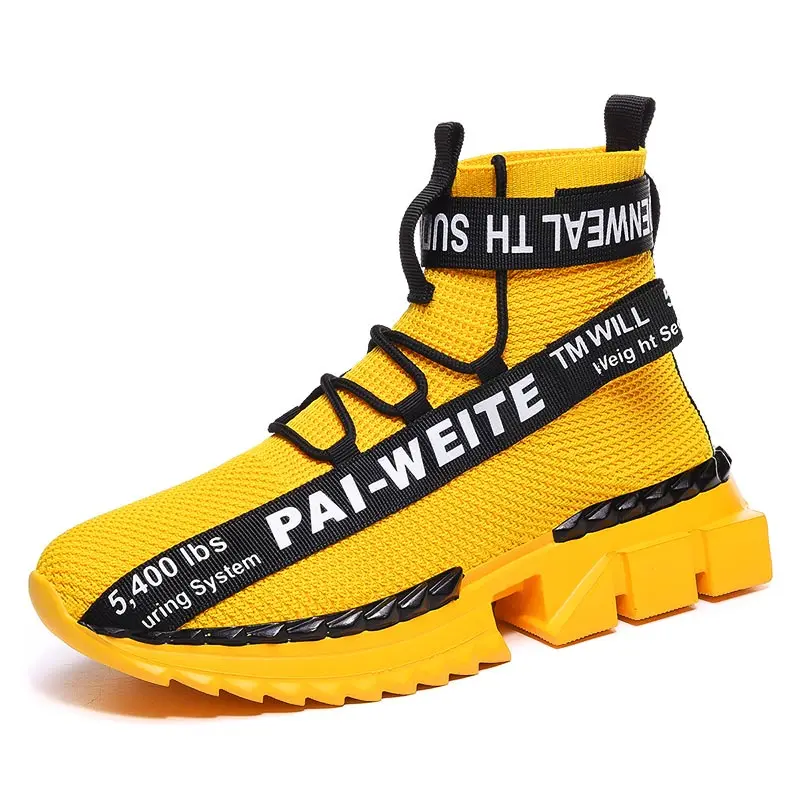 

Big Size High Top High-sole Sock Sneakers Men's Running Sport Shoes Men Sports Boots Yellow Knitting Trainers Tennis GME-2227