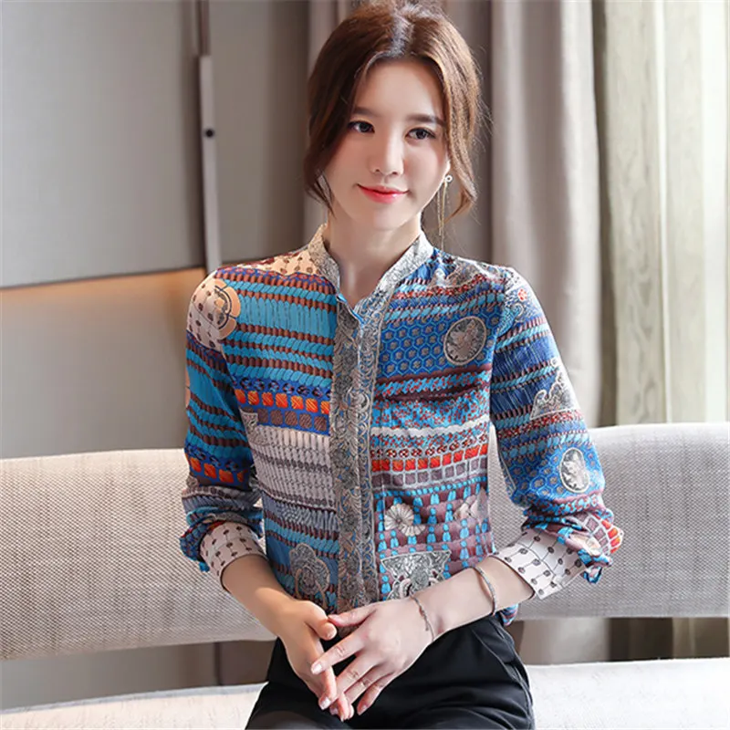

2020 Autumn New Fashion Women Tops And Blouses Long Sleeve Printed Silk Shirts Office Ladies Stand Collar Clothing Blusas Mujer