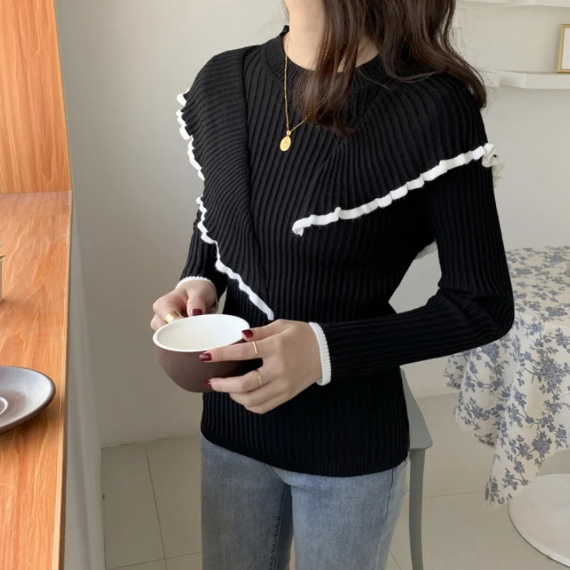 

Basic Bottoming Knit Women Sweater Temperament Long Sleeve New Korean Style Stitching Pullover Winter Slim Warm Thick Tops