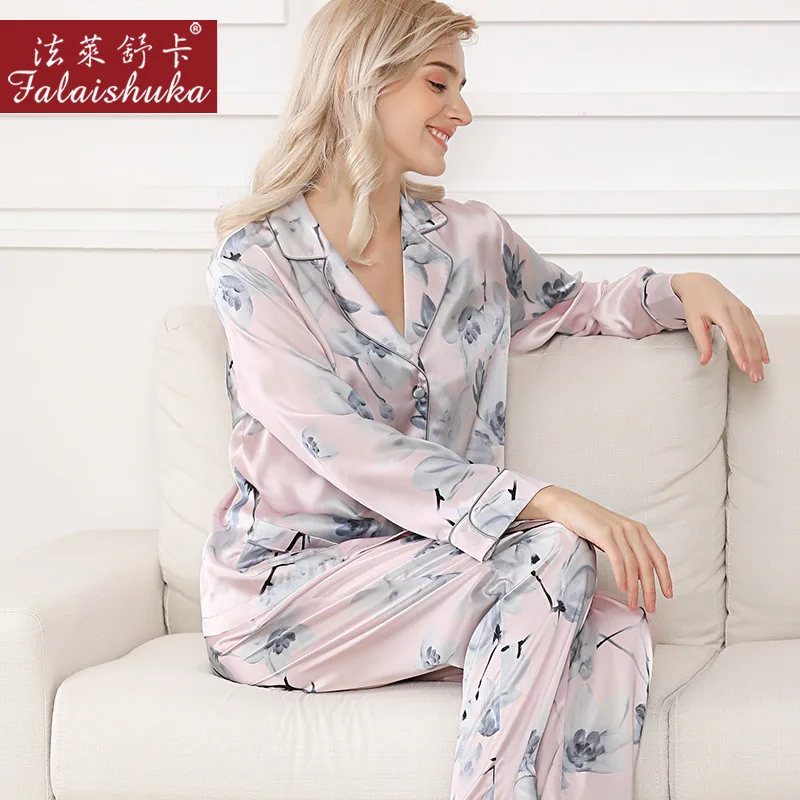 Simple long sleeve 100% genuine silk pajamas sets women sleepwear Korean Elegant pink Flowers pure silk womens pyjamas T8244
