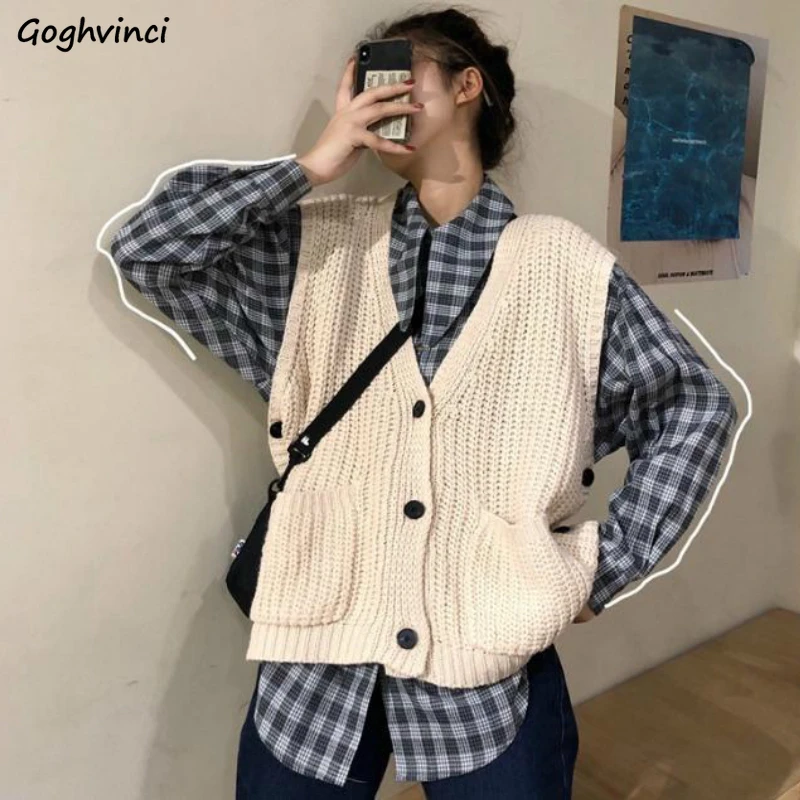 

Sweater Vests Women Solid V-neck Loose Sleeveless Simple Harajuku All-match Autumn Pockets Korean Style Streetwear Daily Ulzzang