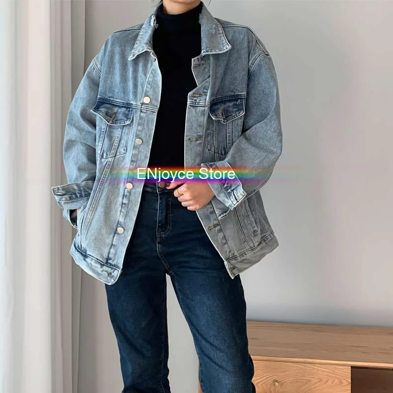 Женская джинсовая куртка в стиле ретро большого размера с отложным воротником