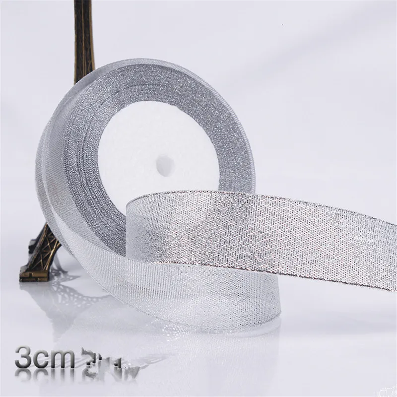 3CM Silver Золотой/Серебряный шелк атлас органза лента 0,6-5 см блестящие вышитые ленты для свадебного торта подарок украшения ремесла поставки - Цвет: 3CM Silver
