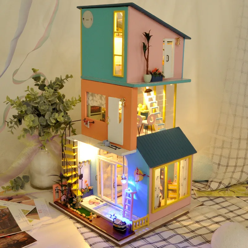 

Electric LED Light Creative DIY House Craft Model Kids Toy 3 Layers Villa Art Romantic Beauty Landscape Model Toys For Children